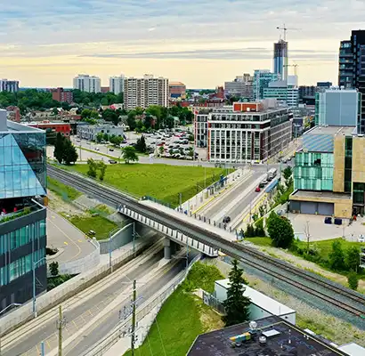 An aerial scene of Kitchener, Ontario, Canada in summer
